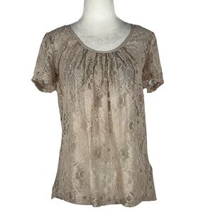 Spense WOMEN'S LACE FRONT SHEER TOP WITH RUCHED‎ NECKLINE